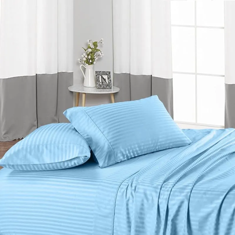 Easy Bedding Ultra Soft & Breathable 3 Piecce Fitted Bedsheet Set- 600 TC Fitted Bedsheet with 2 Pillow Cover- Fully Elasticized Fitted- 100% Cotton Bedsheet-Light Blue Stripe,King Size