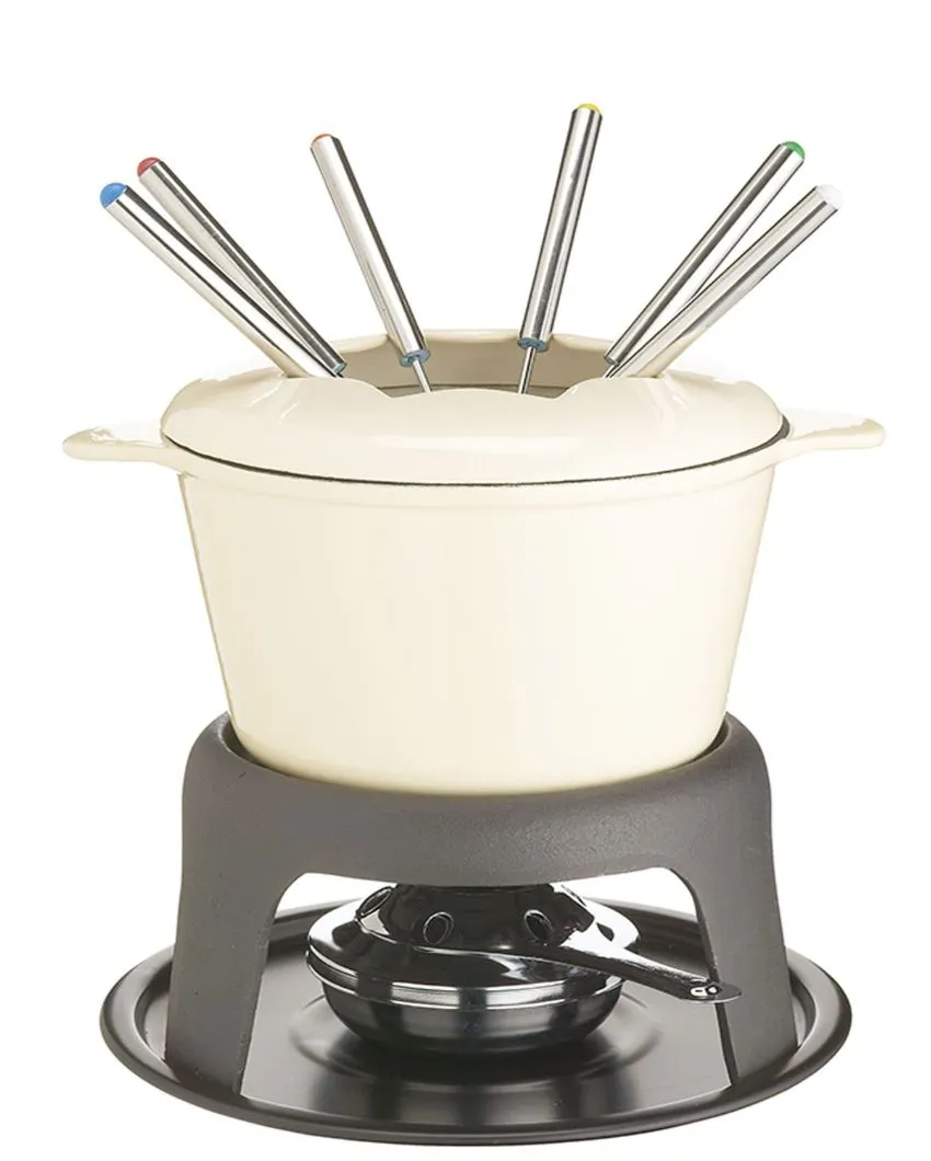 Enamelled Cast Iron Fondue Set | Set of 1 Pot & 4 Forks | Cream Color | 8 x 21 x 5 inches & 5.5 inches