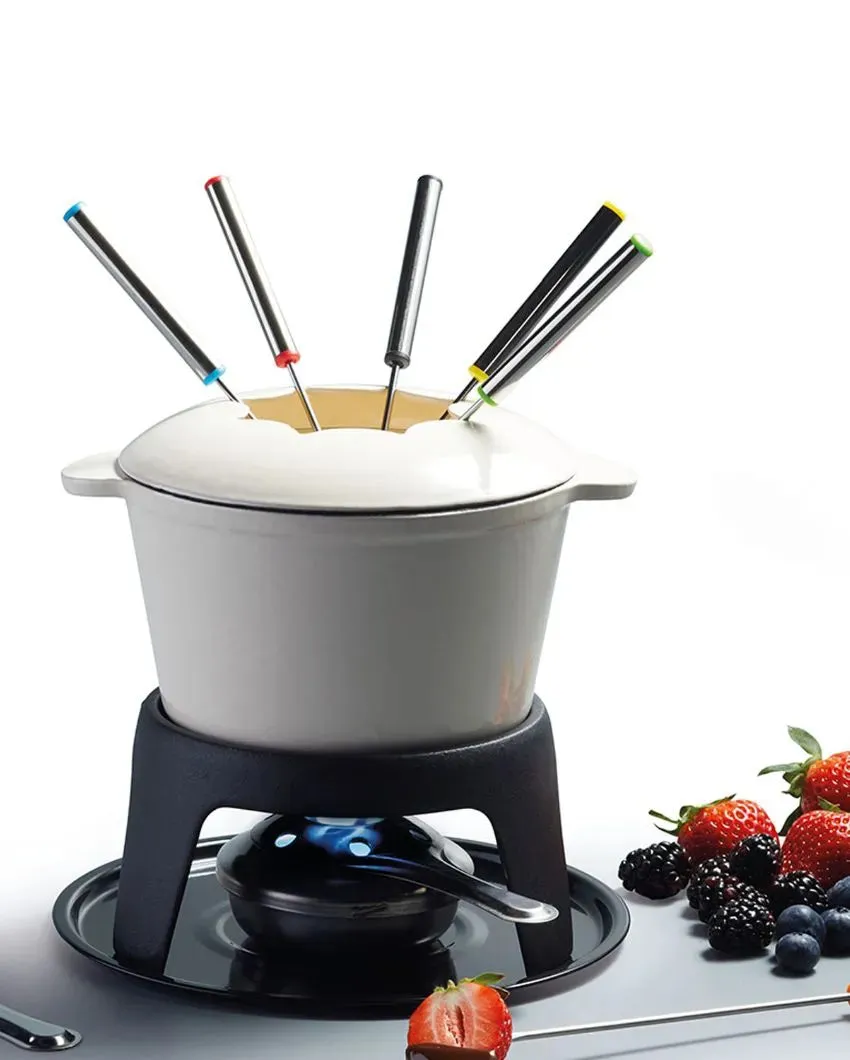 Enamelled Cast Iron Fondue Set | Set of 1 Pot & 4 Forks | Cream Color | 8 x 21 x 5 inches & 5.5 inches