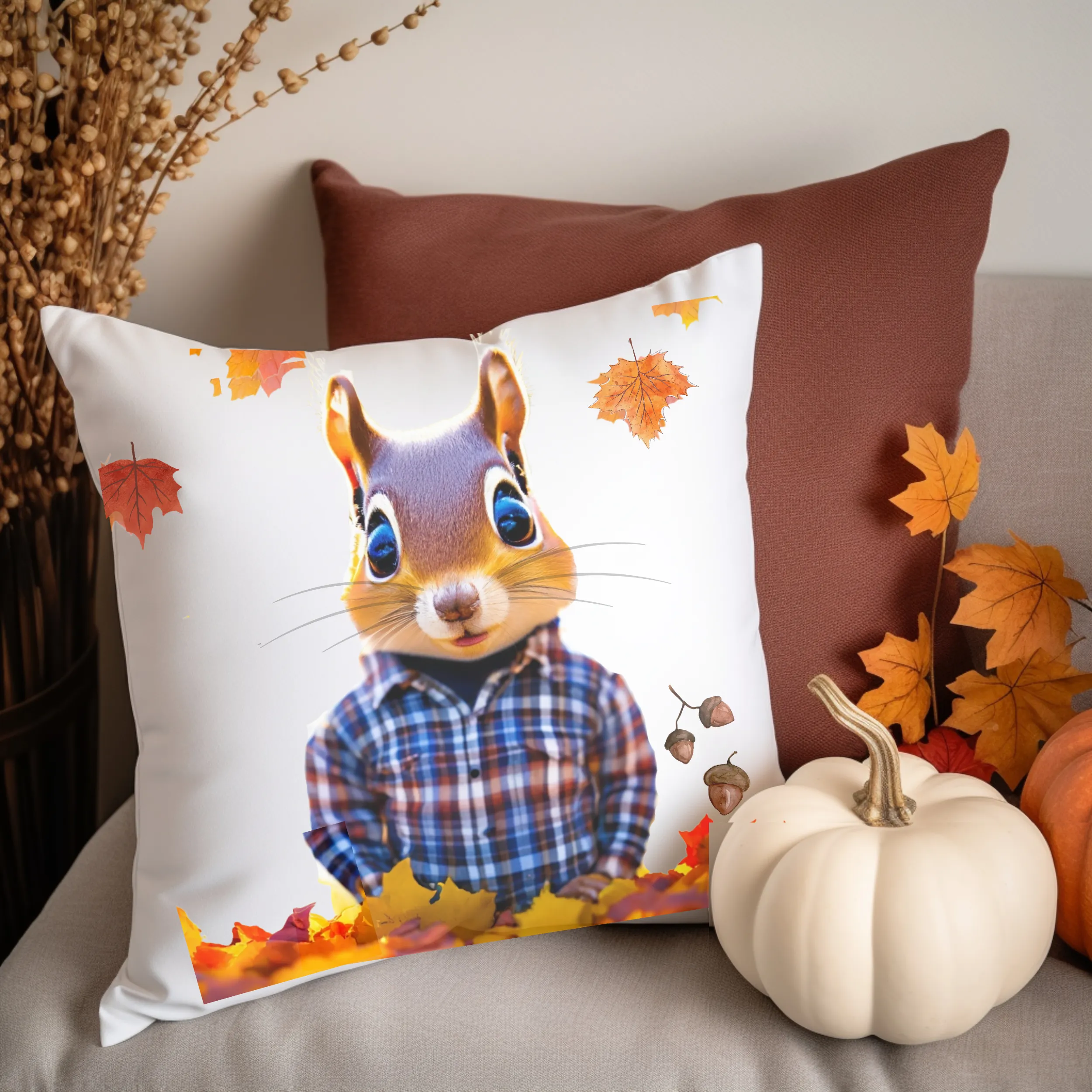 Fall Pillow Covers, Rustic Country Square covers, Country Farmhouse Decor, Cute Squirrel Pillowcase Set, Farmhouse Pillows