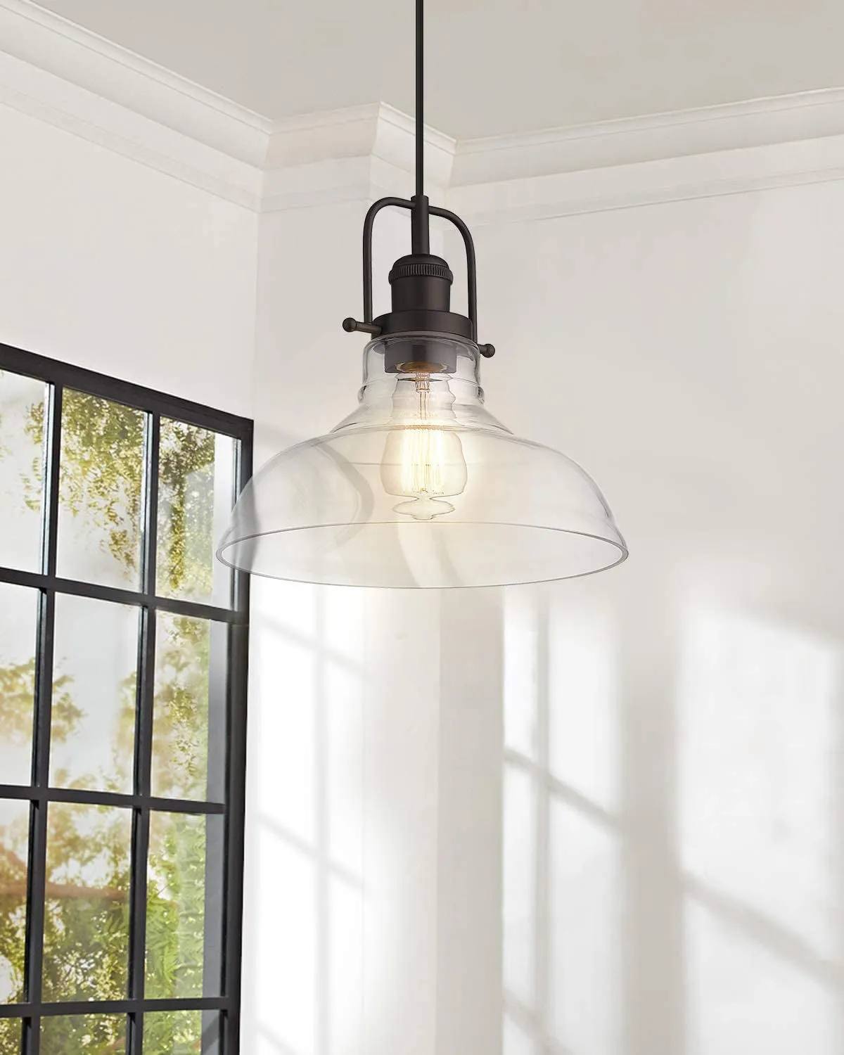 Farmhouse Schoolhouse Hanging Light Fixture with Clear Glass Shade, Oil Rubbed Bronze