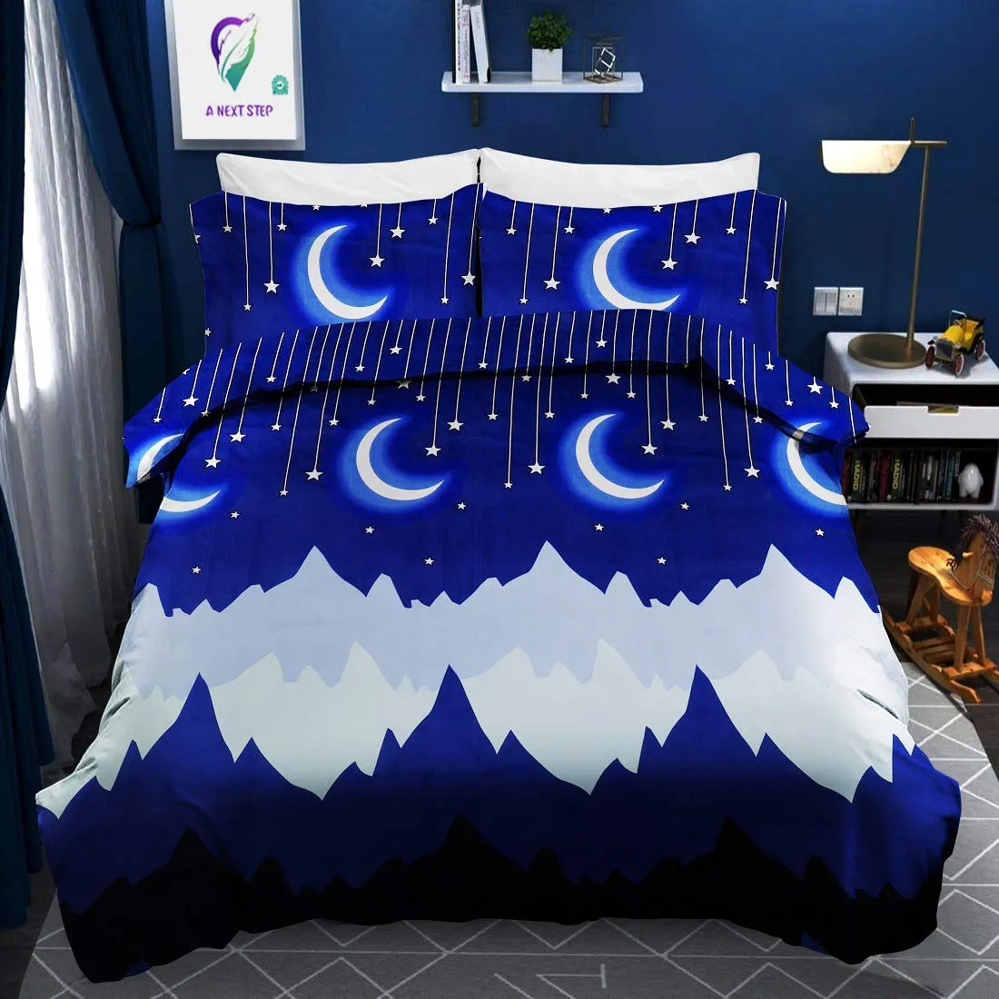 Girisha's Trend 210 Tc Designer Cotton Cartoon Moon Star Print Double Bedsheet with 2 Pillow Covers for Kids Room