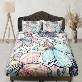 Hand drawn Flowers Pastel Colored Fitted Sheet, Floral Printed Boho Bedding Set Full, Dorm Bedding, Crib Sheet, Shabby Chic Bedding, Elastic