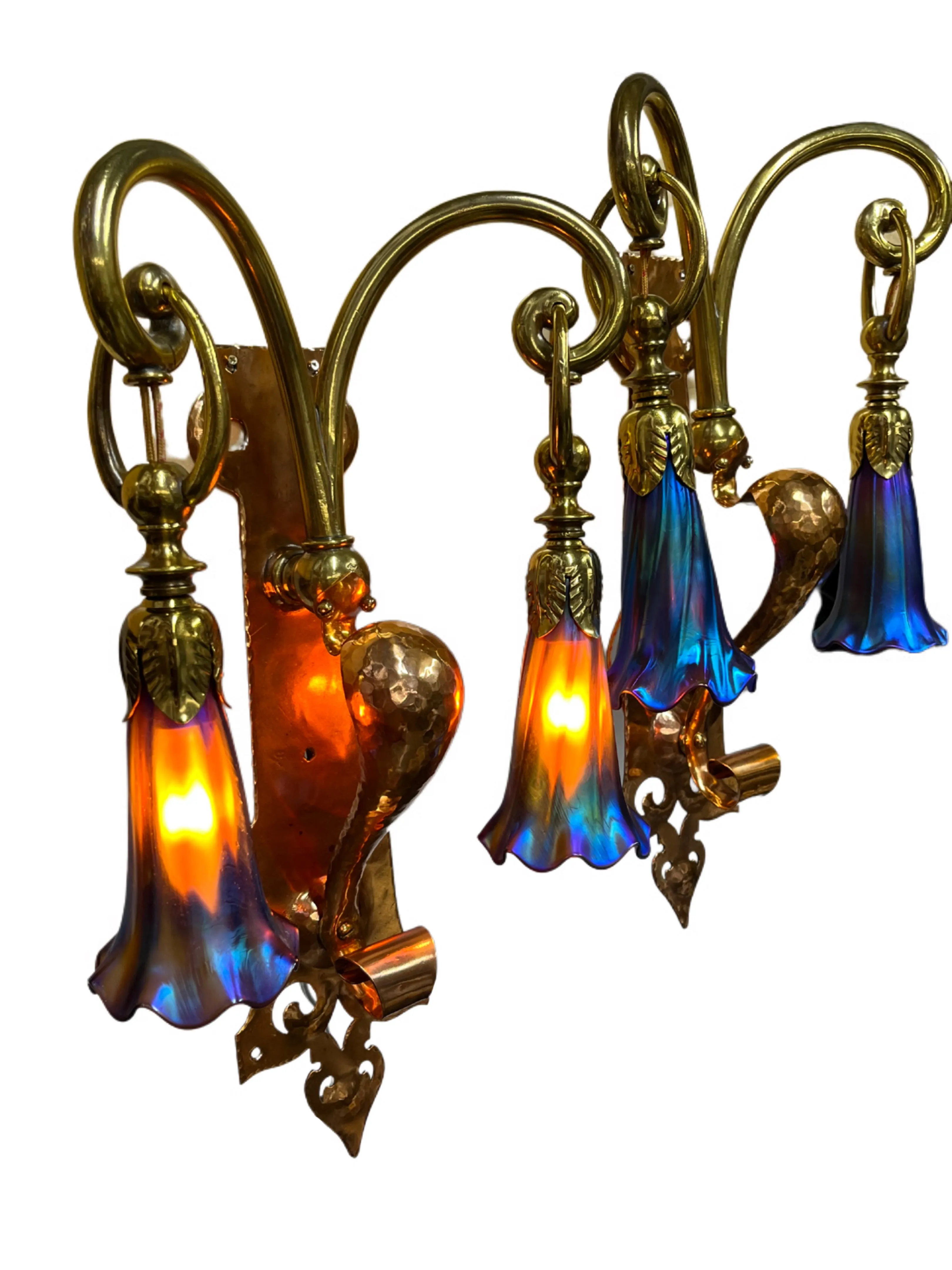 Handmade Arts and Crafts Brass and Copper Art Nouveau Wall Sconces in style of WAS Benson #2059