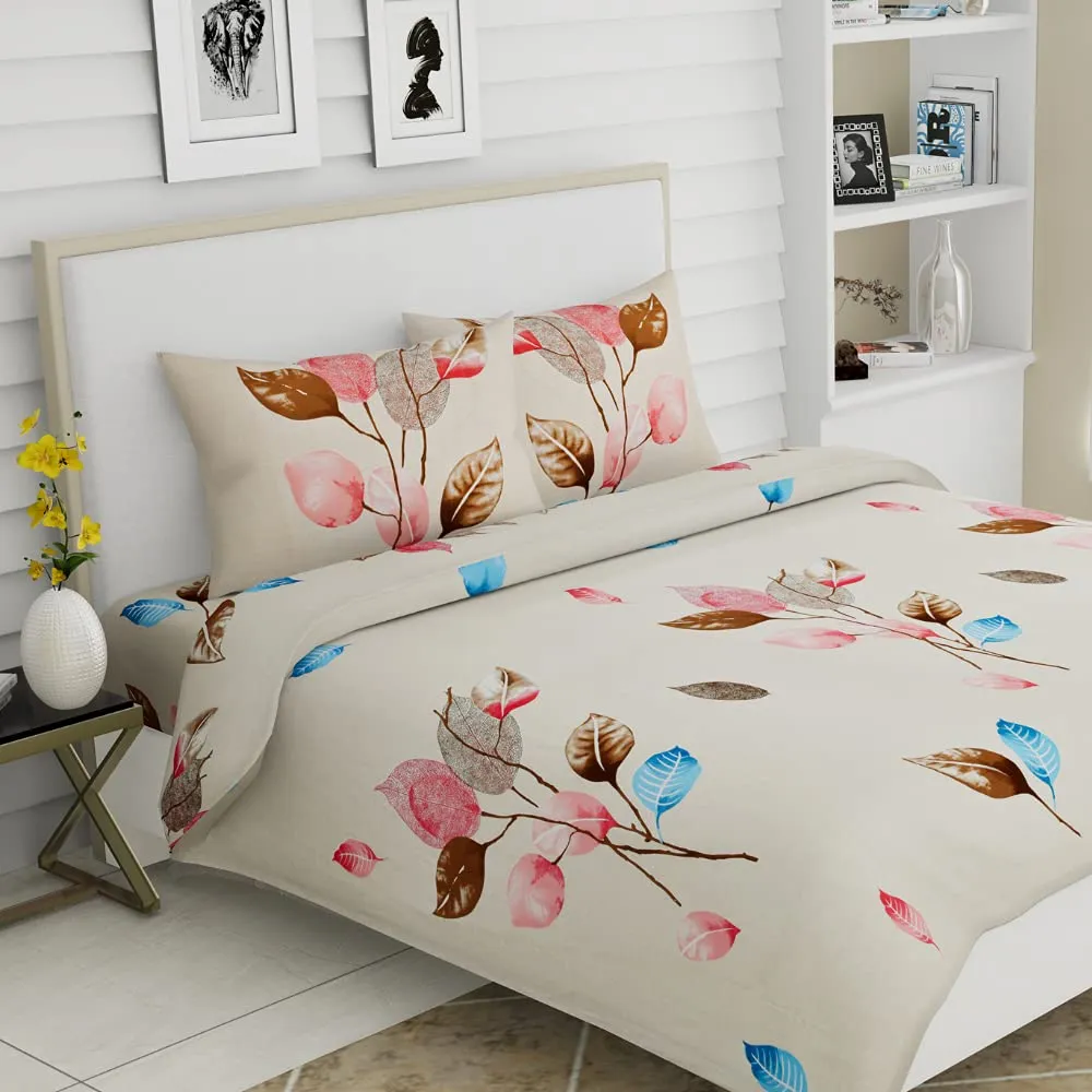 haus & kinder 100% Cotton Bed Sheet for King Size Bed, 1 King Size Bedsheet (108 x 108 Inches) with 2 Pillow Covers | 186 TC Bedsheet for Double Bed King Size Tropical Leaves Eleganza (White Pink)