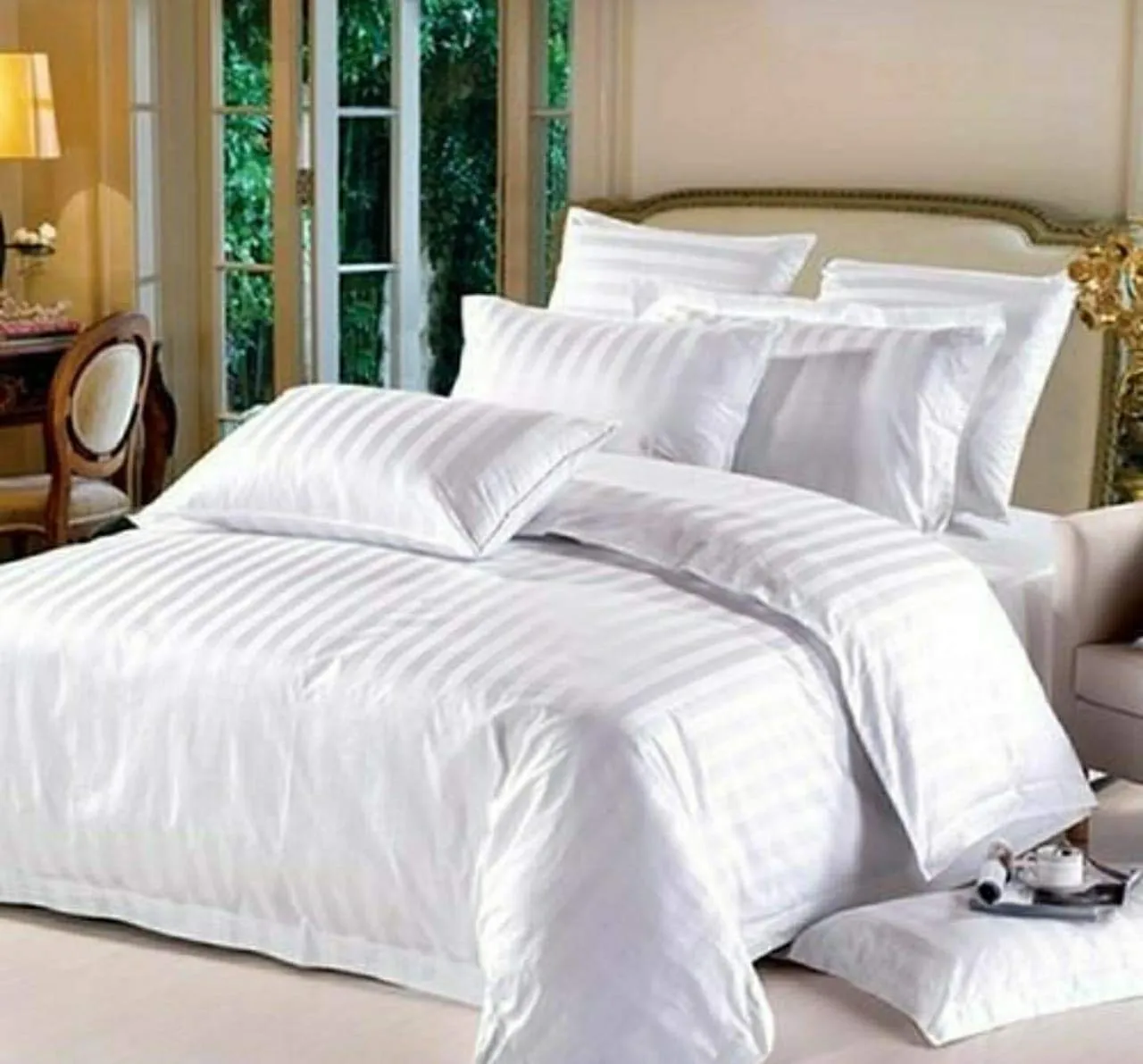 HG DECOR Plain Solid Striped 210TC Double Cotton Bed Sheet with 2 Pillow Covers for Double Bed (White)