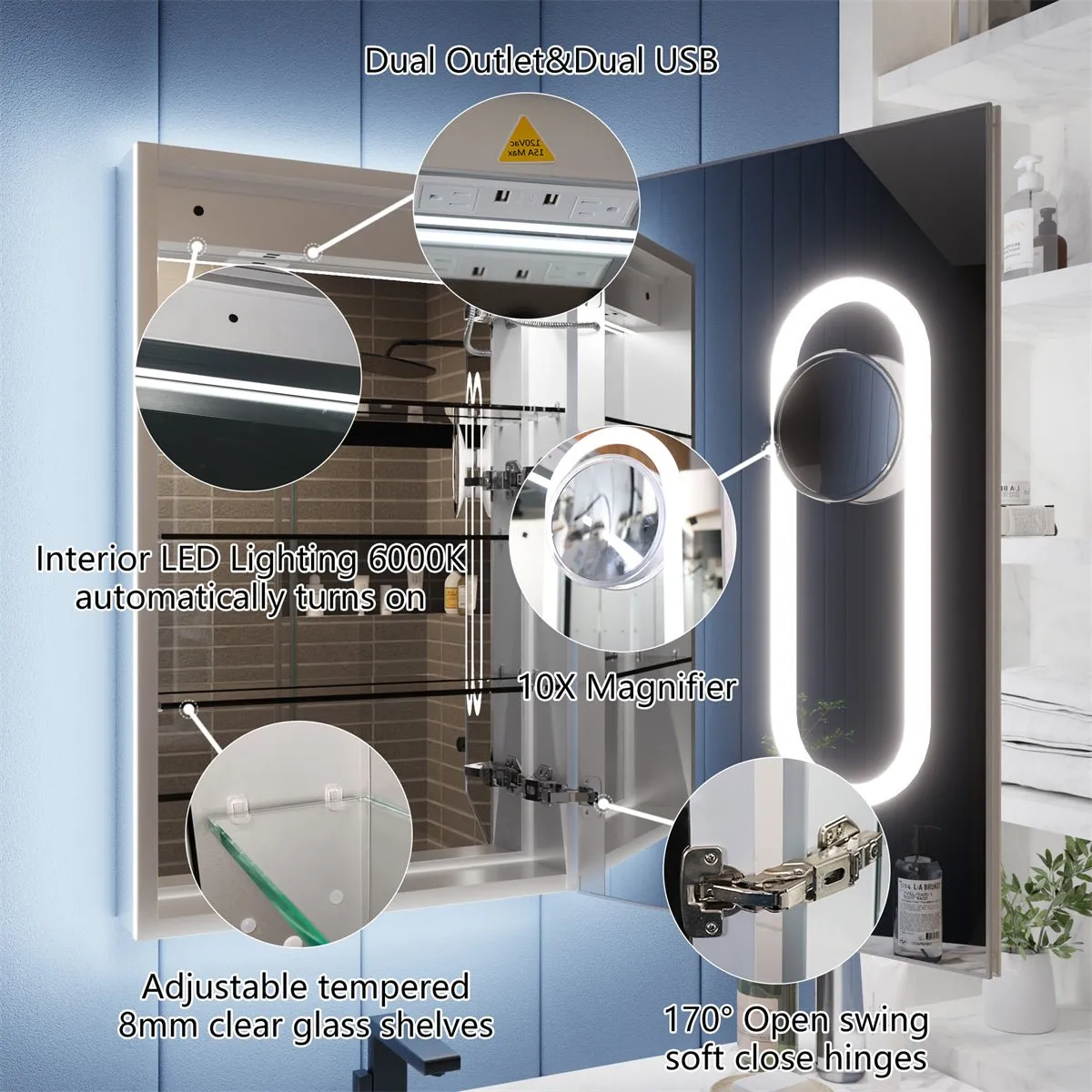 Illusion 24" x 32" LED Lighted Medicine Cabinet with Magnifiers Front and Back Light,Hinge on the Right