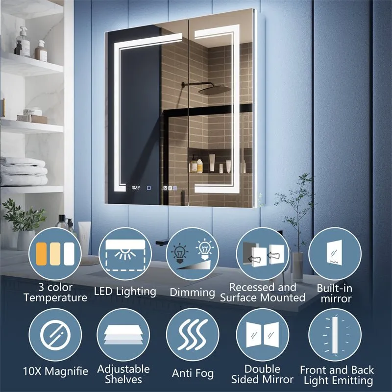 Illusion-B 30" x 32" LED Lighted Inset Mirrored Medicine Cabinet with Magnifiers Front and Back Light