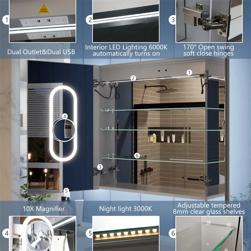 Illusion-B 30" x 32" LED Lighted Inset Mirrored Medicine Cabinet with Magnifiers Front and Back Light