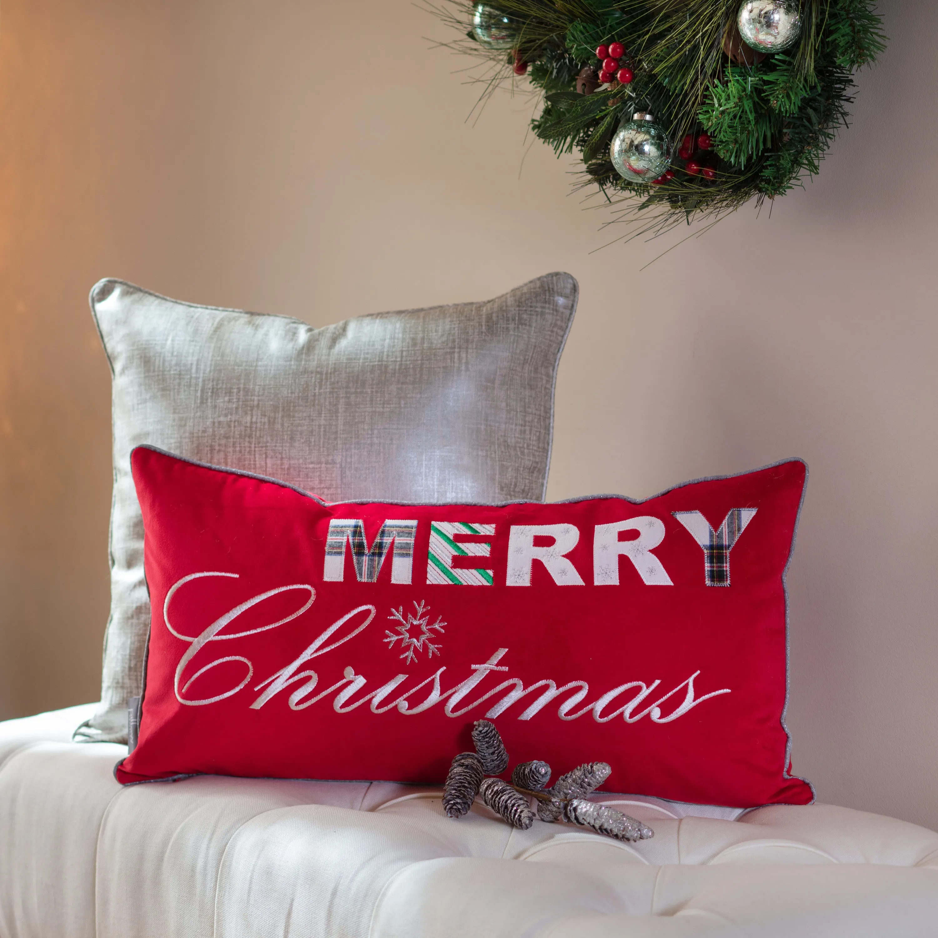 Indoor Merry Christmas Red Rectangular Throw Pillow Cover