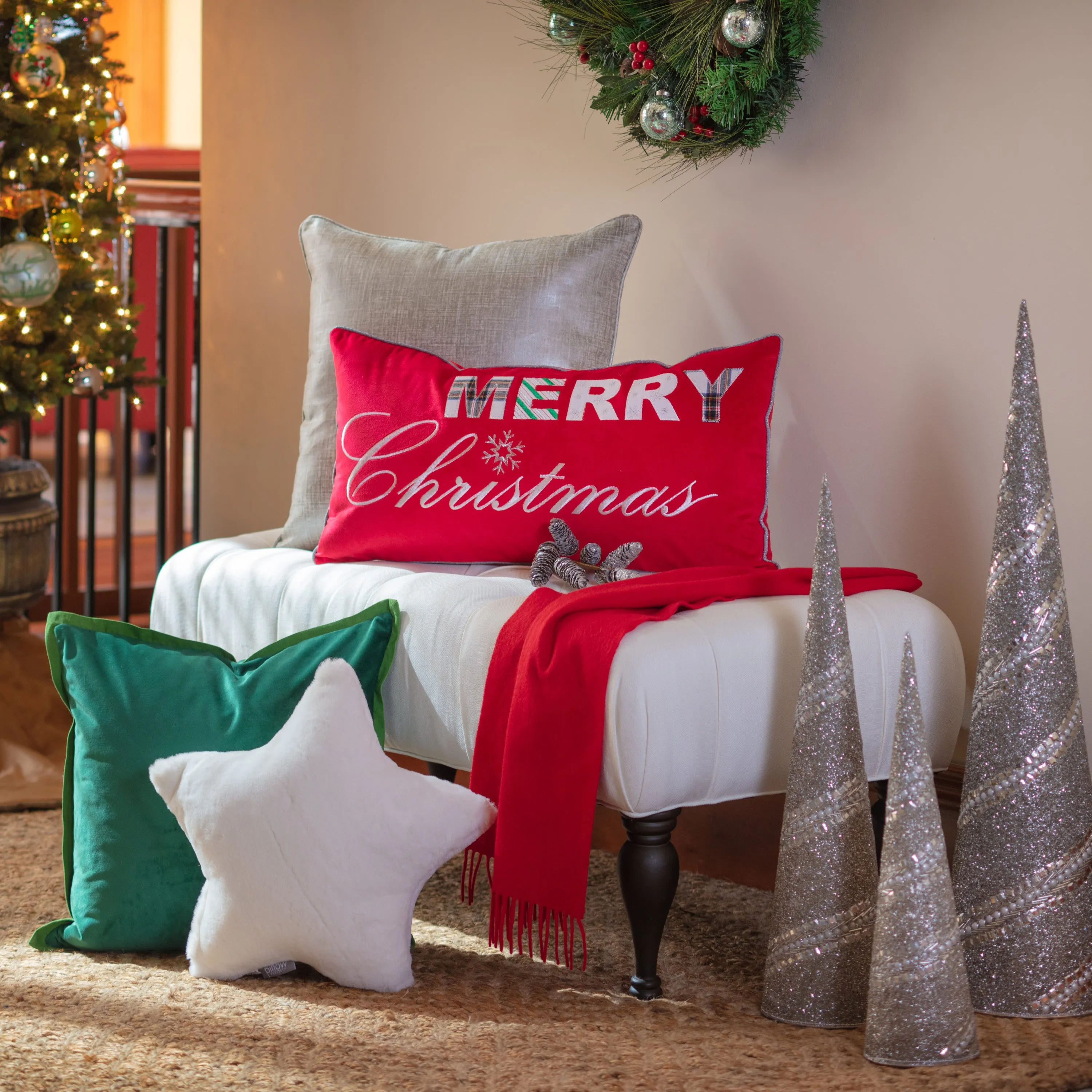 Indoor Merry Christmas Red Rectangular Throw Pillow Cover