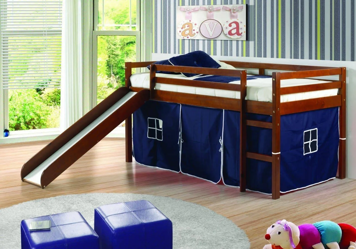 Jason Loft Bed with Slide & Blue Tent