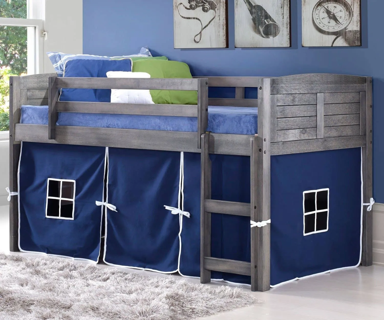 Jordan Gray Twin Loft Bed with Blue Tent