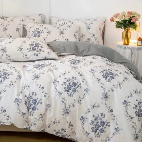 King size 6 pieces Bedding Set without filler, Bohemian with Blue Flowers Design