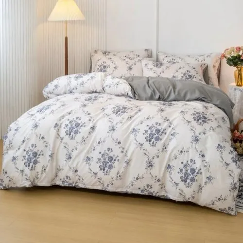 King size 6 pieces Bedding Set without filler, Bohemian with Blue Flowers Design