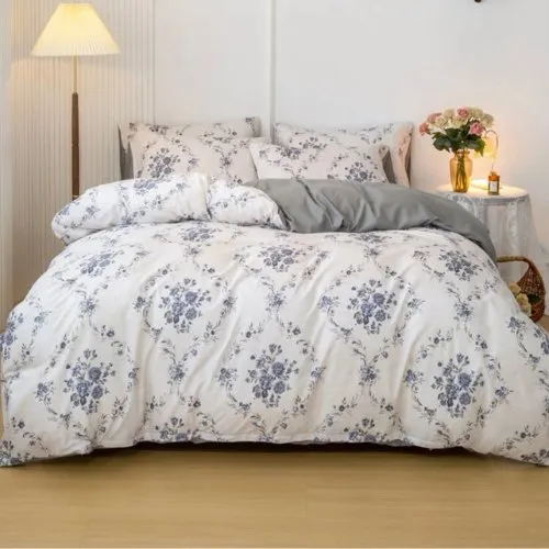 King size 6 pieces Bedding Set without filler, Bohemian with Blue Flowers Design