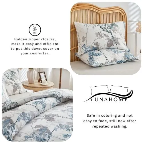 King size, 6 pieces, duvet cover set, tree with blue and grey leaves.