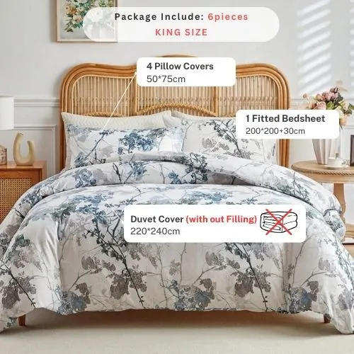 King size, 6 pieces, duvet cover set, tree with blue and grey leaves.