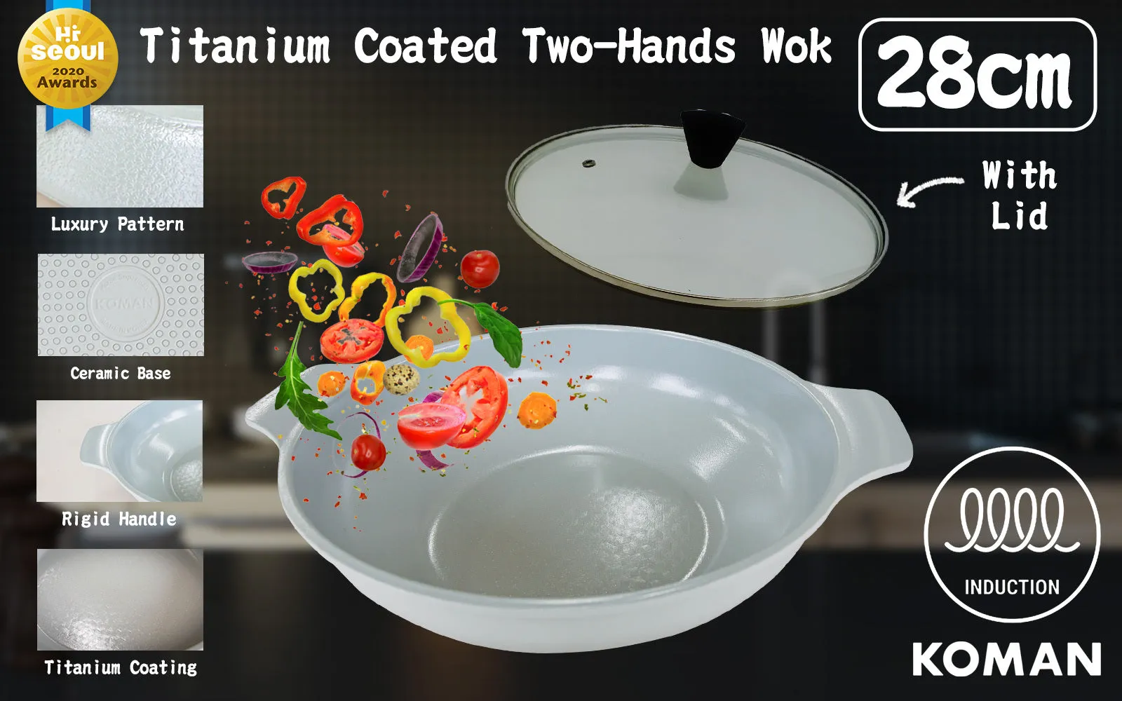 KOMAN 28cm Grey Shinewon Vinch IH Two Hands Wok Non-stick Induction Titanium Ceramic   Glass Lid