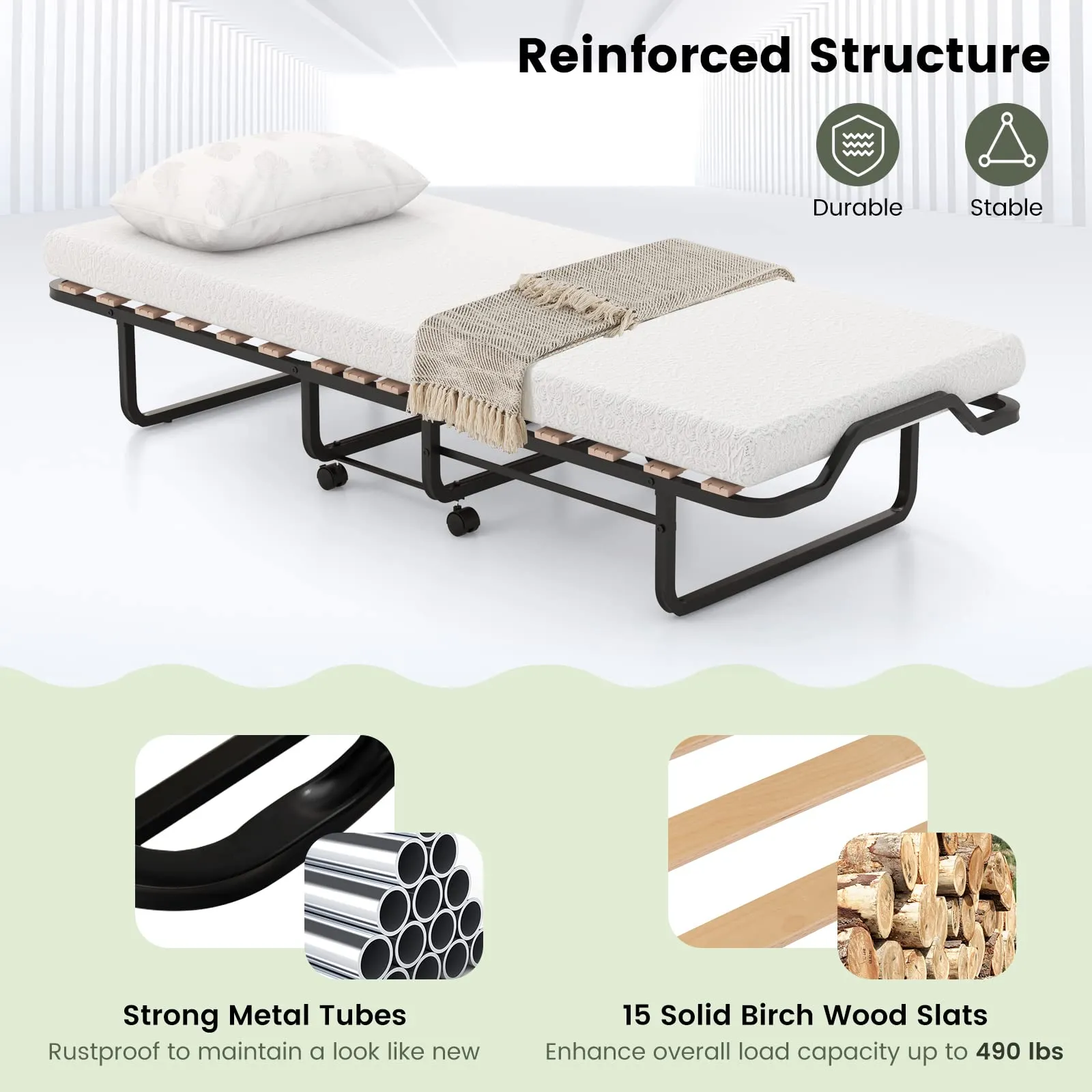 KOMFOTT Folding Bed with 4 Inch Mattress for Adults, Cot Size Rollaway Guest Bed w/Memory Foam Mattress & Solid Wood Slats