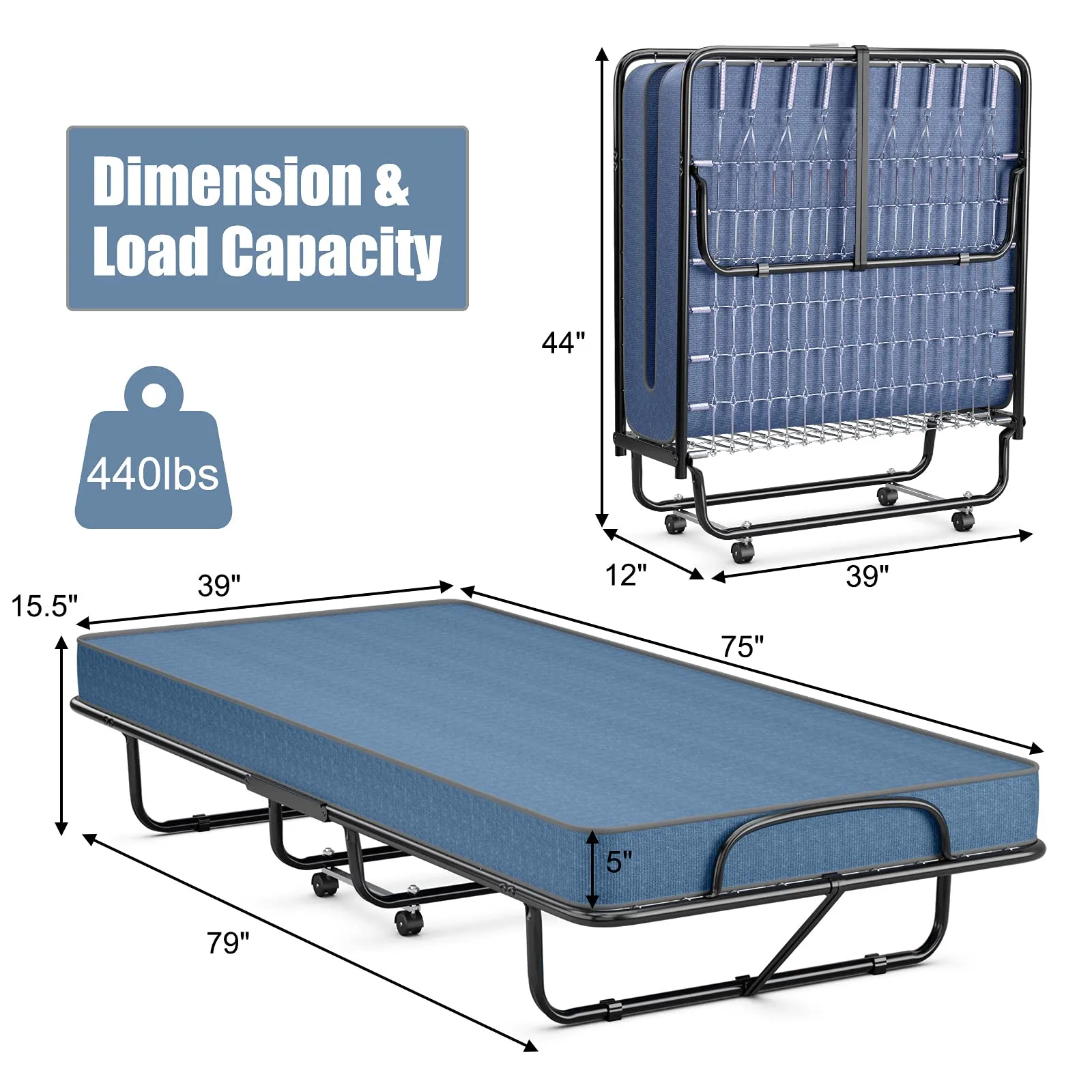 KOMFOTT Folding Guest Bed with Mattress,  Twin Size  Portable Rollaway Bed 5-Inch Memory Foam Mattress