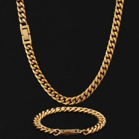 KRKC&CO KEEP REAL KEEP CHAMPION 8mm Mens Miami Cuban Link Chain and Bracelet Set in 18K Gold