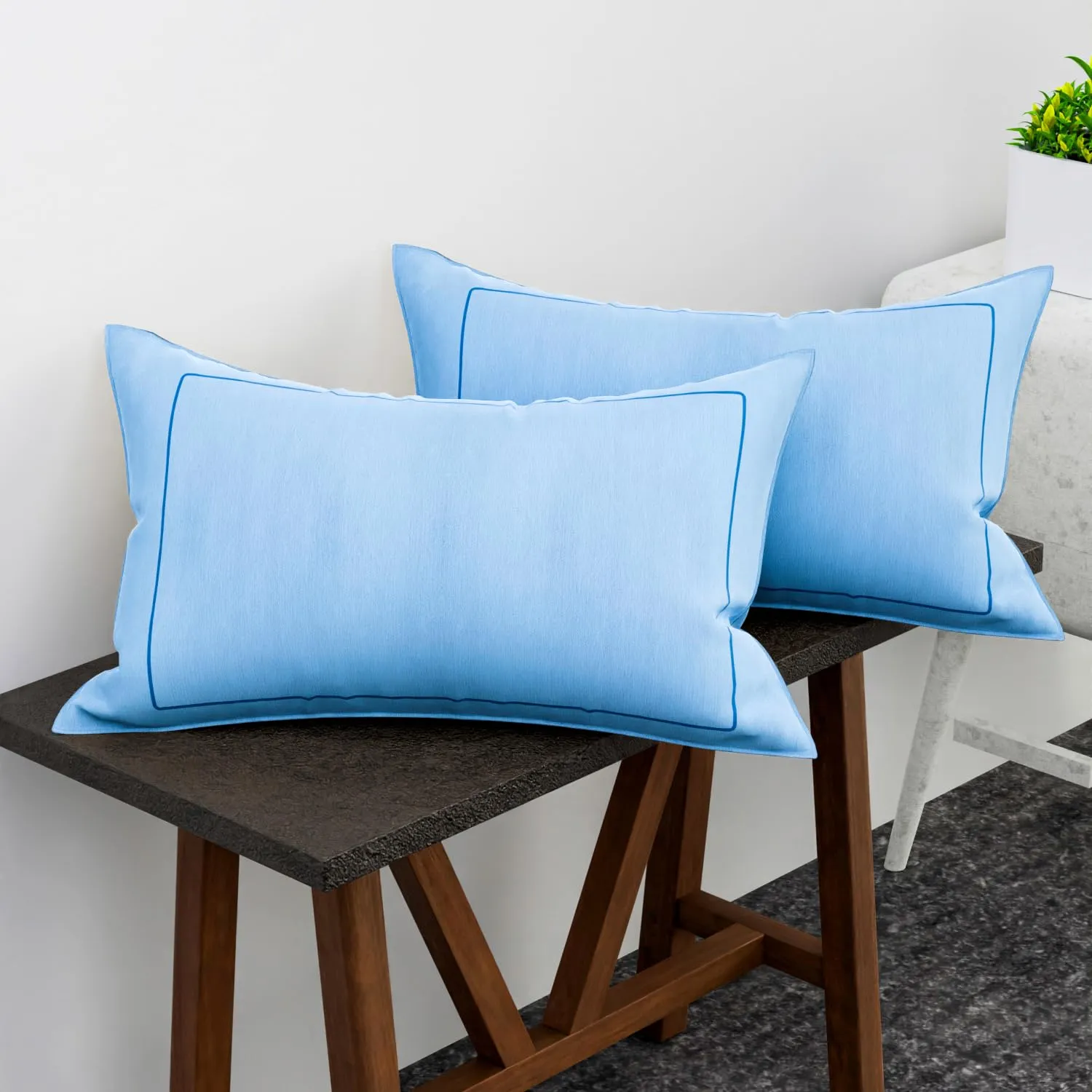 Kuber Industries Pillow Cover | Cotton Pillow Cover | Pillow Cover for Bedroom | Cushion Pillow Cover for Living Room | Plain Border Pillow Cover Set | Set of 2 | Sky Blue