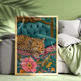 Leopard Sleeping In A Bed - Maximalist Wall Decor - Leopard Print - Leopard Wall Art - Jungle Wall Decor - Leopard Bedroom Decor