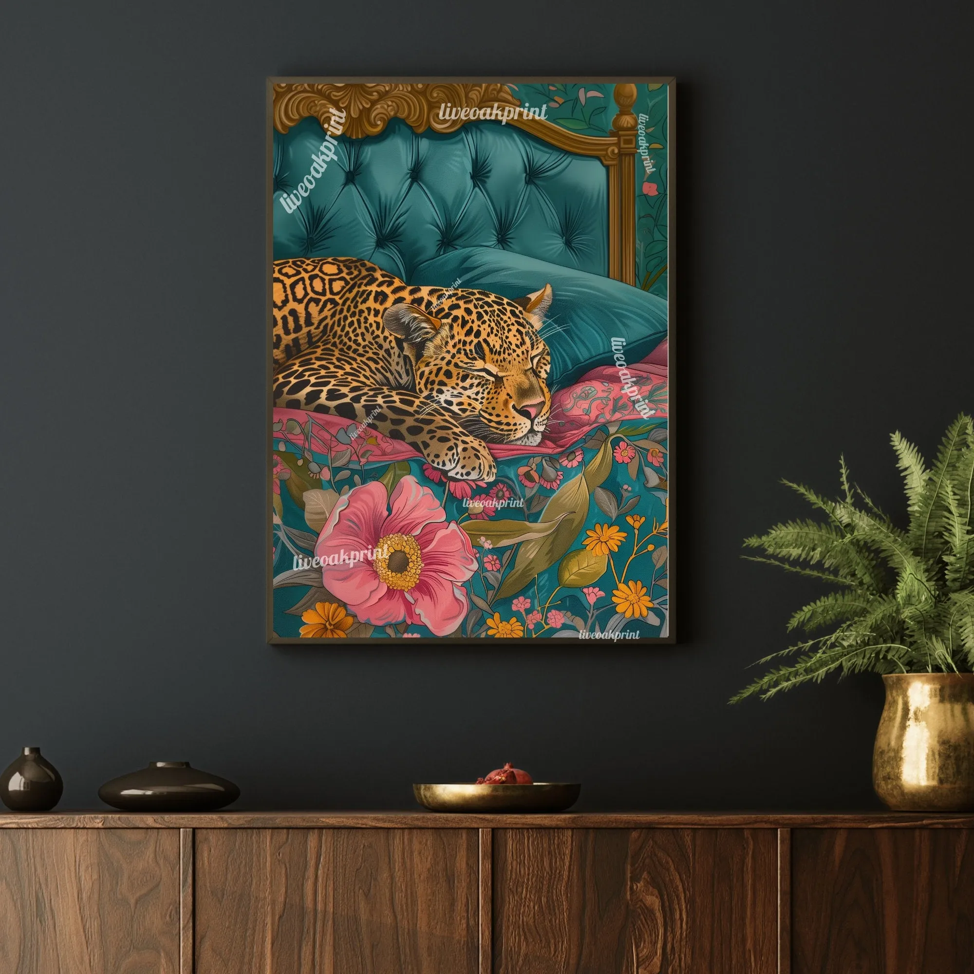 Leopard Sleeping In A Bed - Maximalist Wall Decor - Leopard Print - Leopard Wall Art - Jungle Wall Decor - Leopard Bedroom Decor