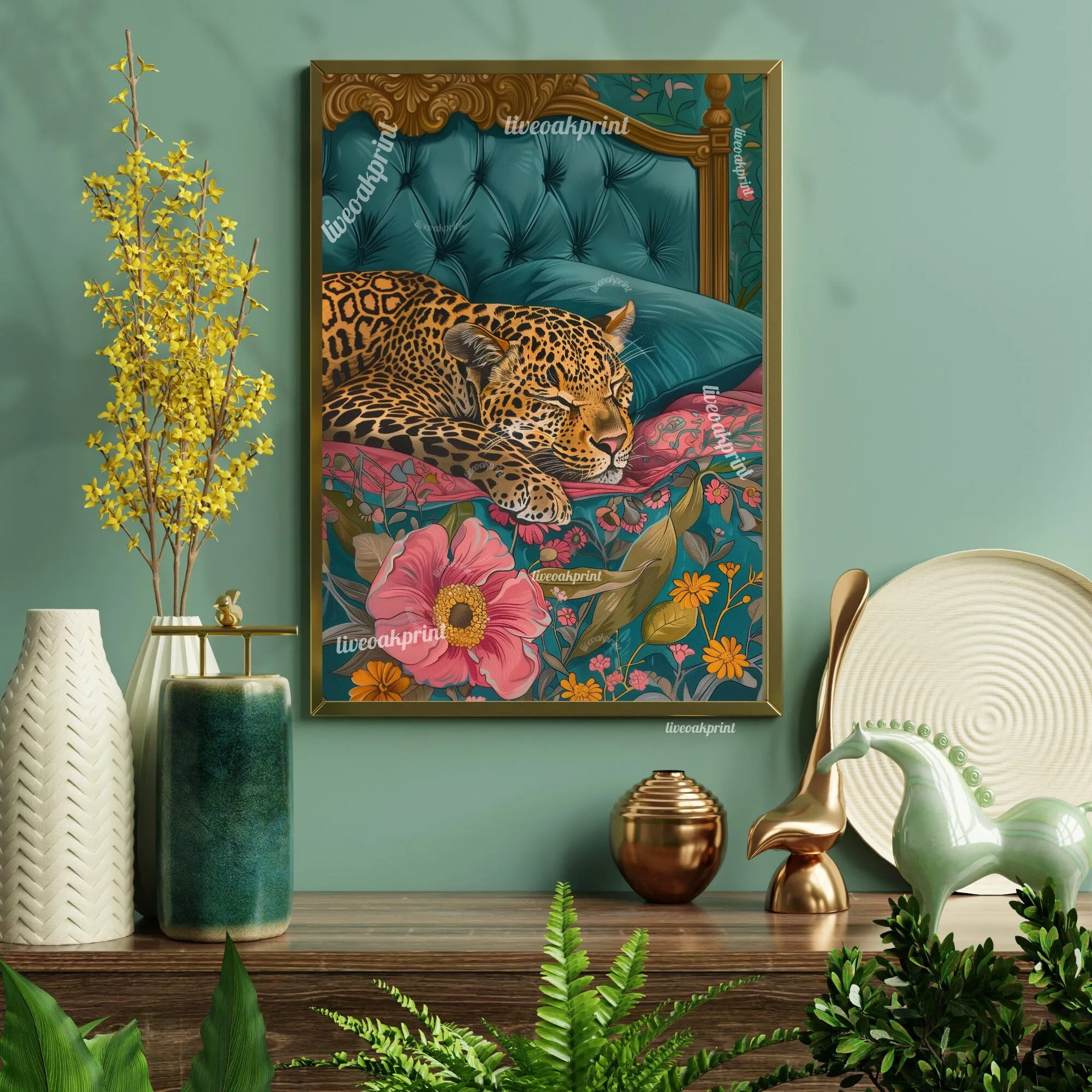 Leopard Sleeping In A Bed - Maximalist Wall Decor - Leopard Print - Leopard Wall Art - Jungle Wall Decor - Leopard Bedroom Decor