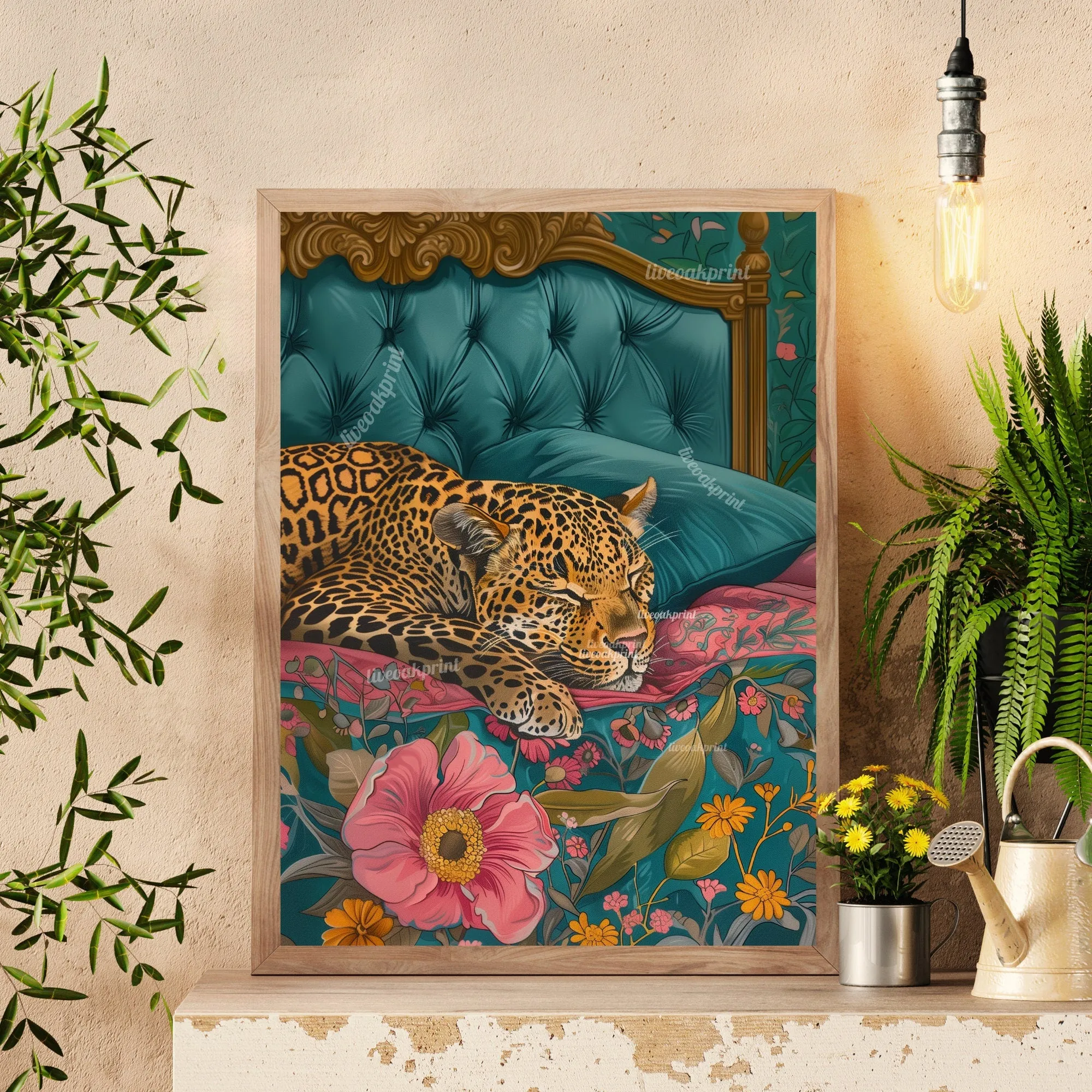 Leopard Sleeping In A Bed - Maximalist Wall Decor - Leopard Print - Leopard Wall Art - Jungle Wall Decor - Leopard Bedroom Decor