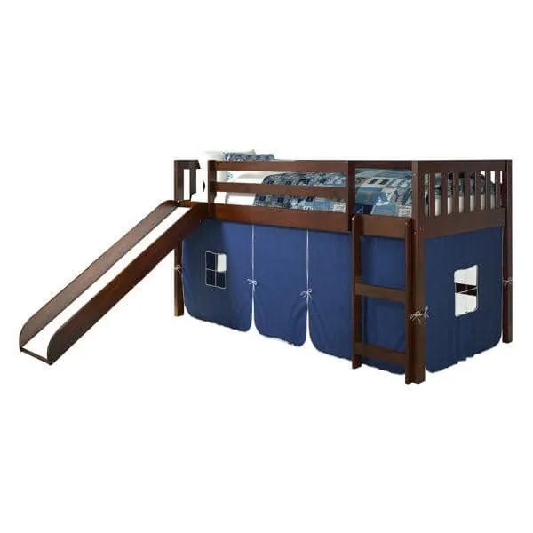 Lucas Low Loft Bed with Slide & Blue Tent