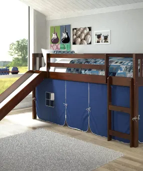 Lucas Low Loft Bed with Slide & Blue Tent