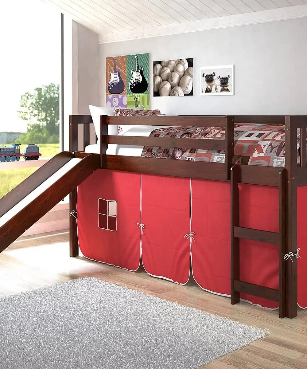 Lucas Low Loft Bed with Slide & Red Tent