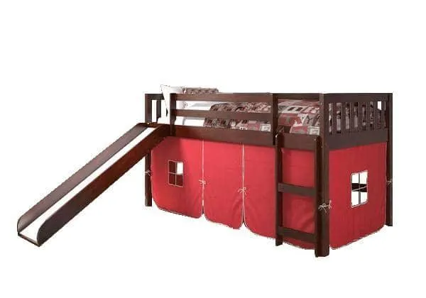 Lucas Low Loft Bed with Slide & Red Tent