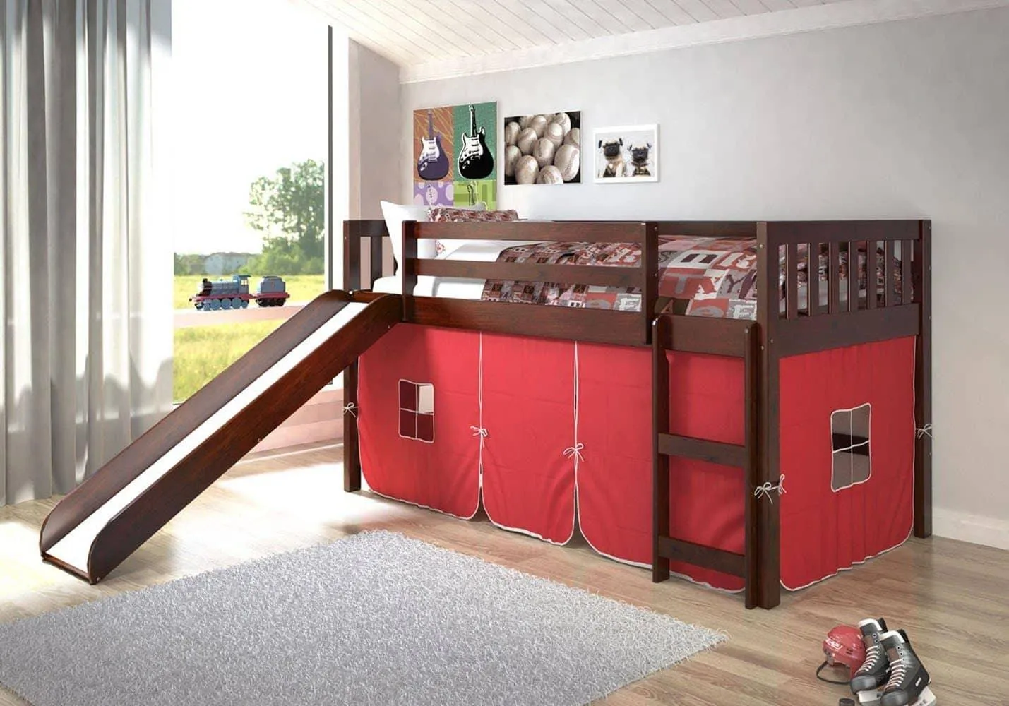 Lucas Low Loft Bed with Slide & Red Tent