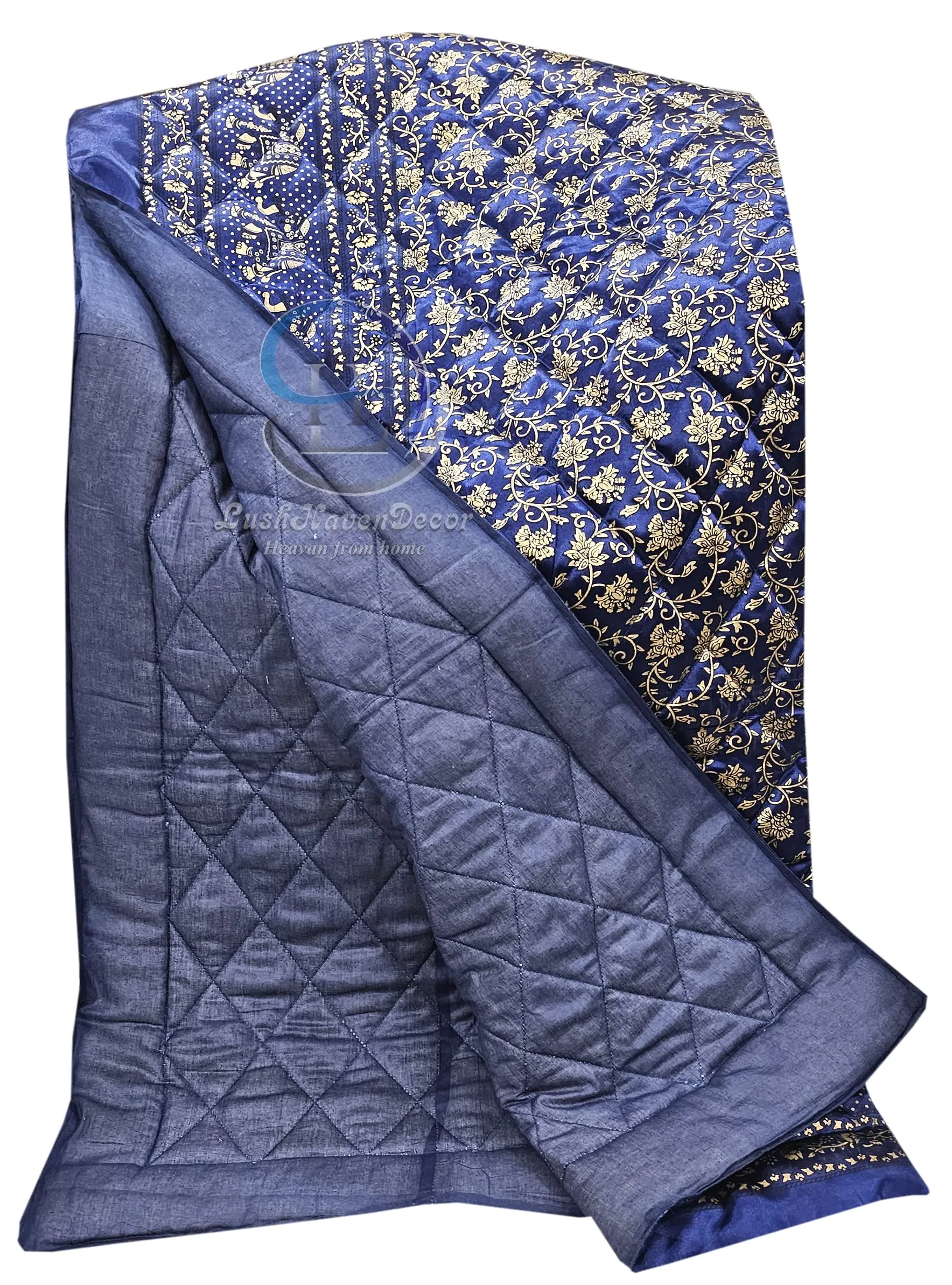 LushHavenDecor Rajasthani Cotton Filled Lightweight Silk Single Bed Jaipuri Razai Soft AC Quilt with Gold Print Blankets for Home (Size 55X85 inch), Blue