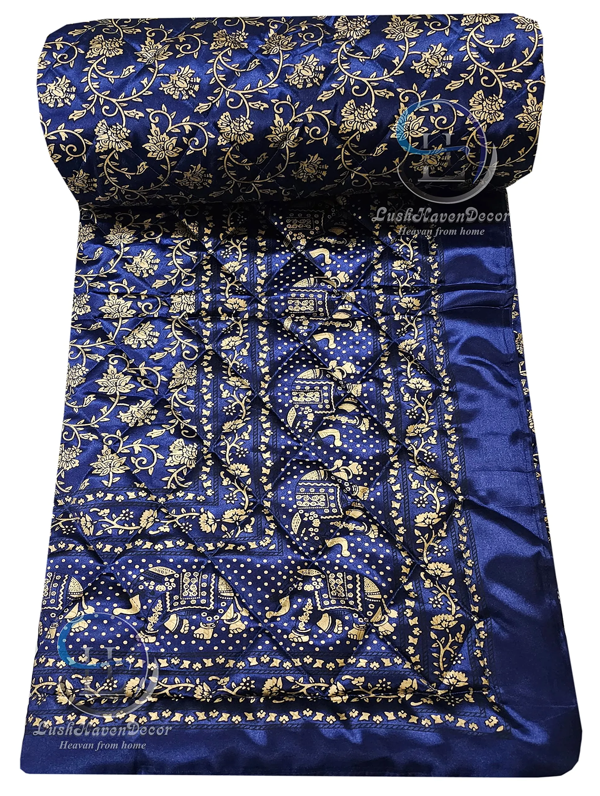 LushHavenDecor Rajasthani Cotton Filled Lightweight Silk Single Bed Jaipuri Razai Soft AC Quilt with Gold Print Blankets for Home (Size 55X85 inch), Blue