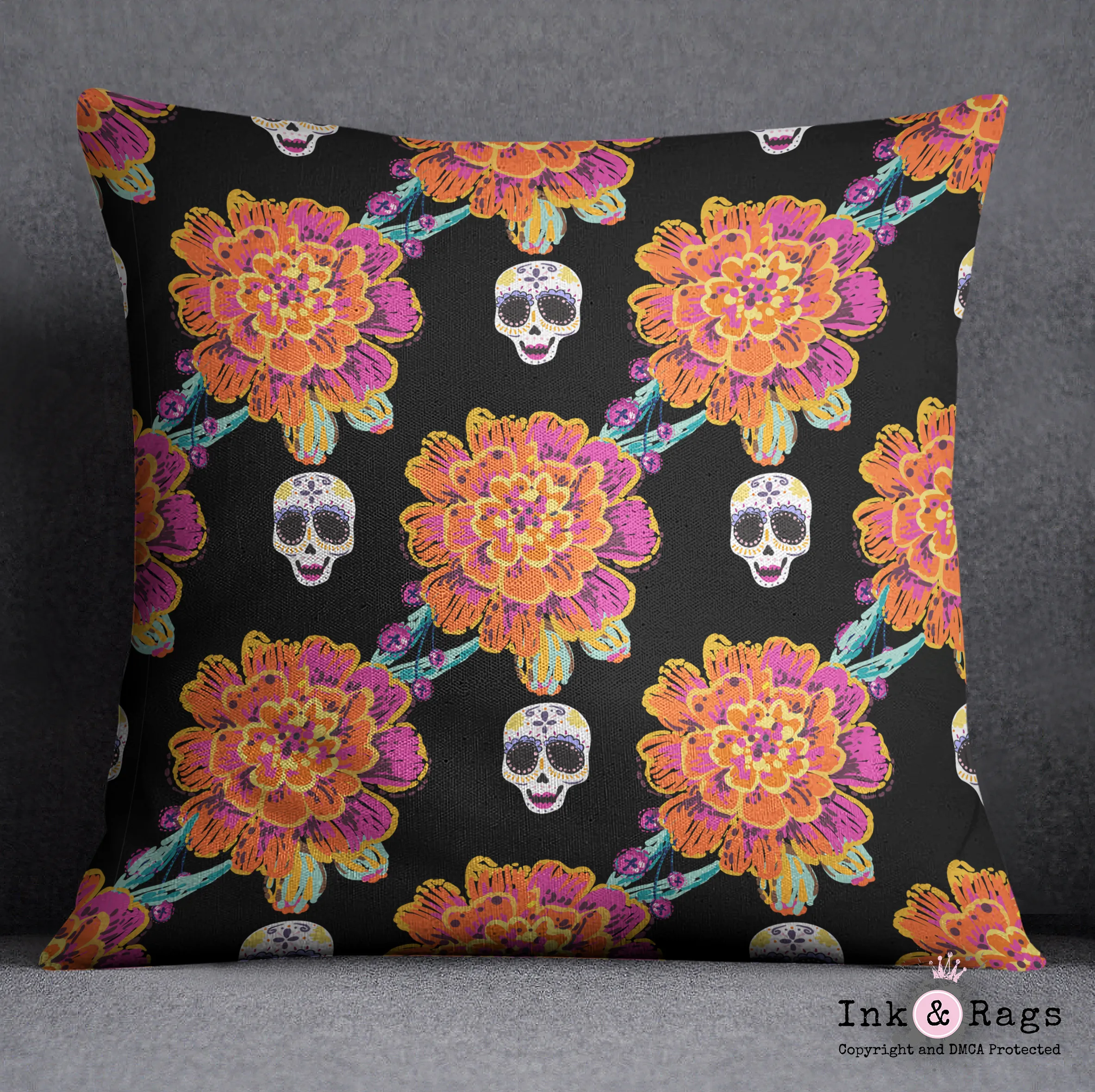 Mexican Folk Style Sugar Skull Throw Pillow