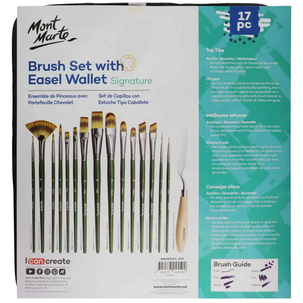 Mont Marte Artist Brush Set w/ Easel Wallet 17pc