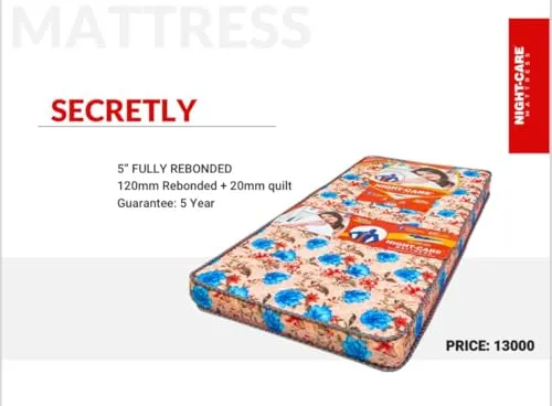 NIGHT CARE Secretly 5" Fully Rebonded || Dual Comfort || Soft & Firm Support || 120mm Rebonded 20mm Quilt || Reversible Mattress | High Resilience Foam | HD Mattress for Back Pain Relief (35x72x5cm)