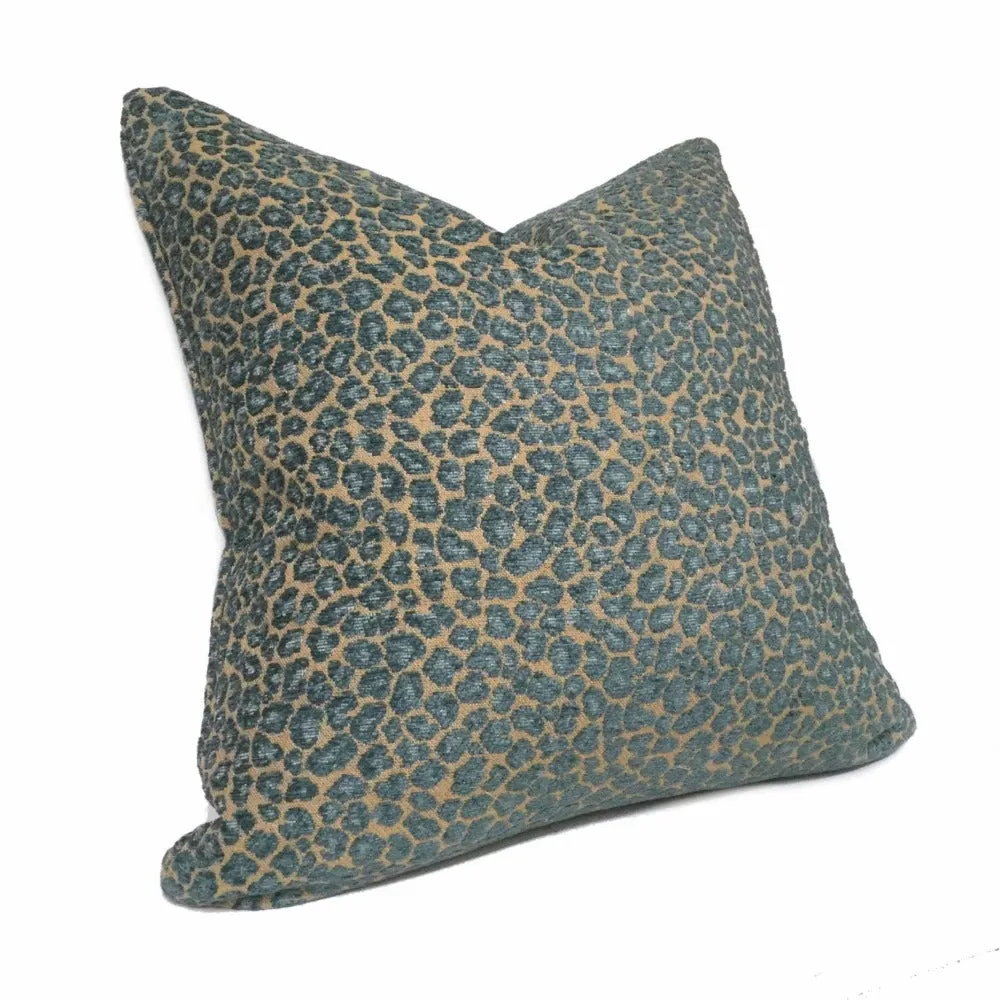 Niobe Teal & Tan Brown Chenille Leopard Spots Pillow Cover