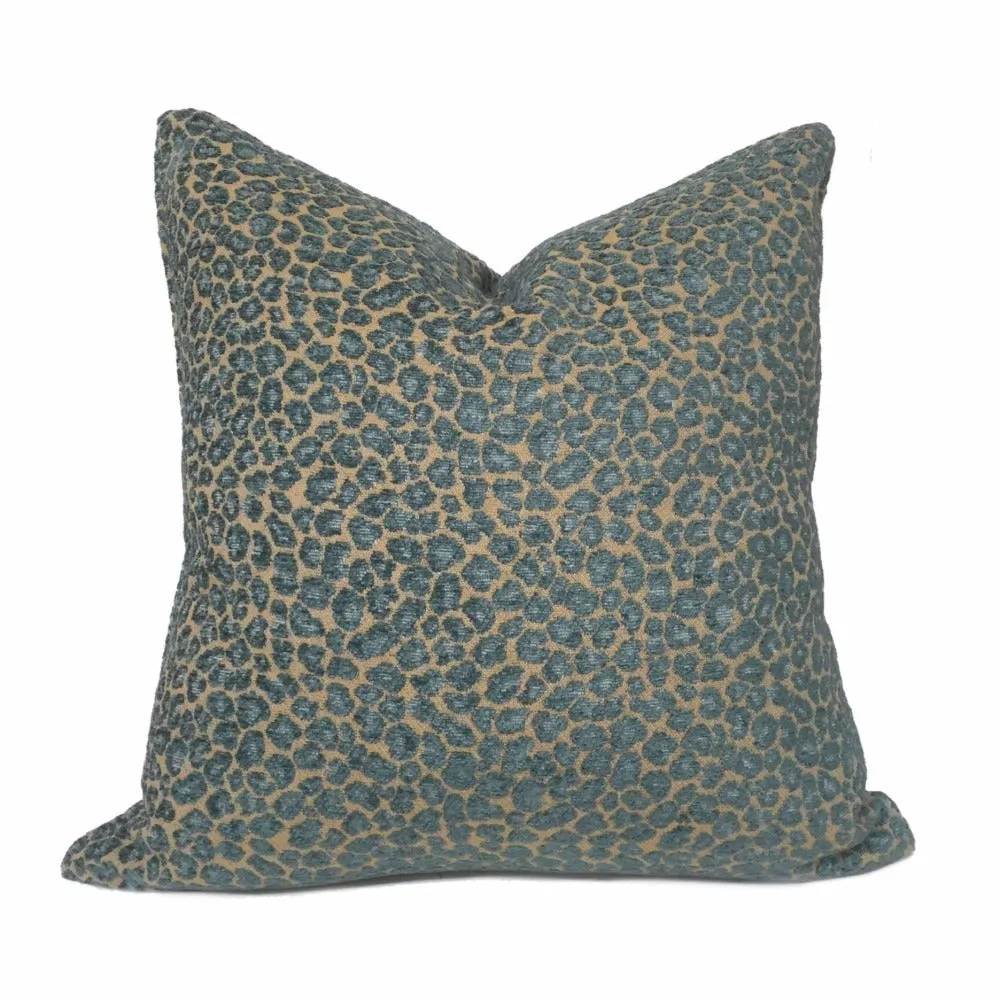 Niobe Teal & Tan Brown Chenille Leopard Spots Pillow Cover