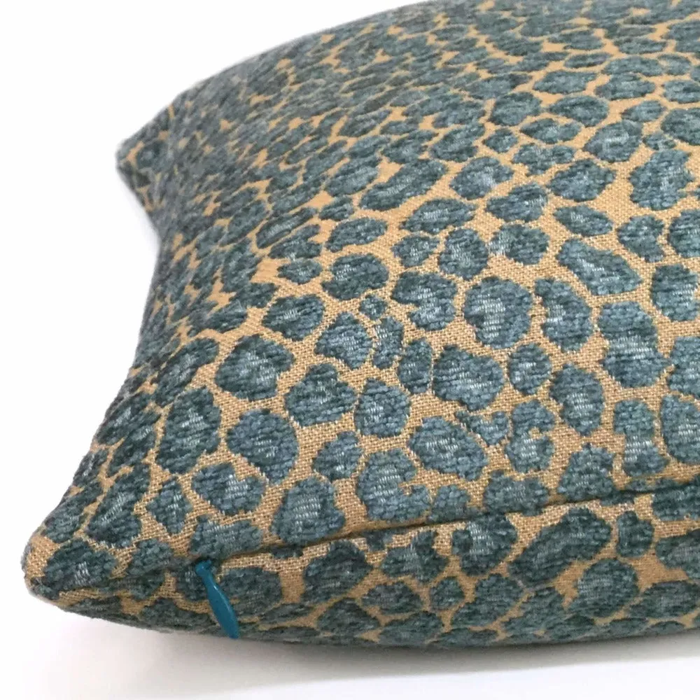 Niobe Teal & Tan Brown Chenille Leopard Spots Pillow Cover