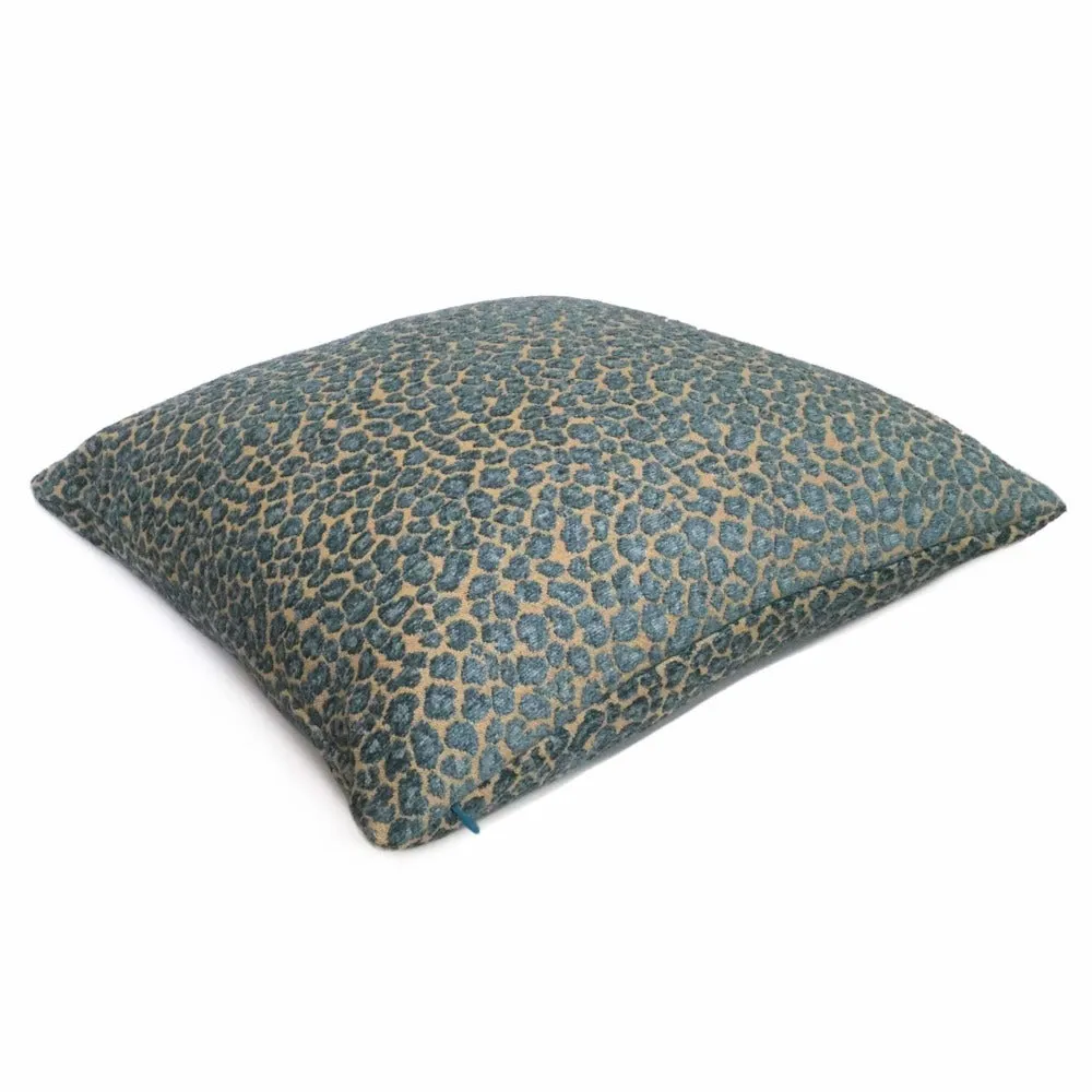 Niobe Teal & Tan Brown Chenille Leopard Spots Pillow Cover