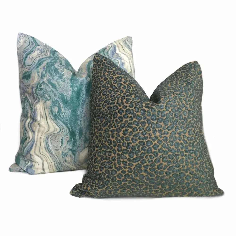 Niobe Teal & Tan Brown Chenille Leopard Spots Pillow Cover