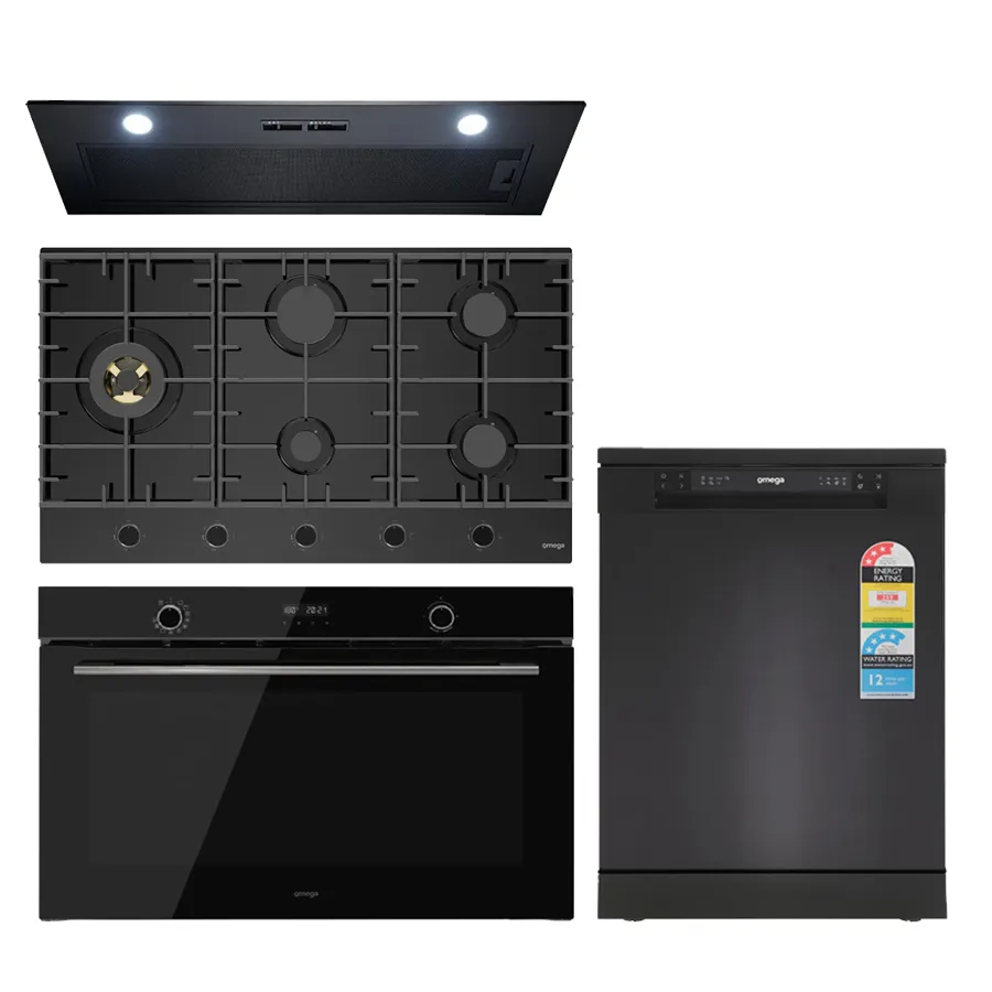 Omega OG903 90cm Kitchen Appliance Package, Hybrid Induction   Gas Cooktop, Black