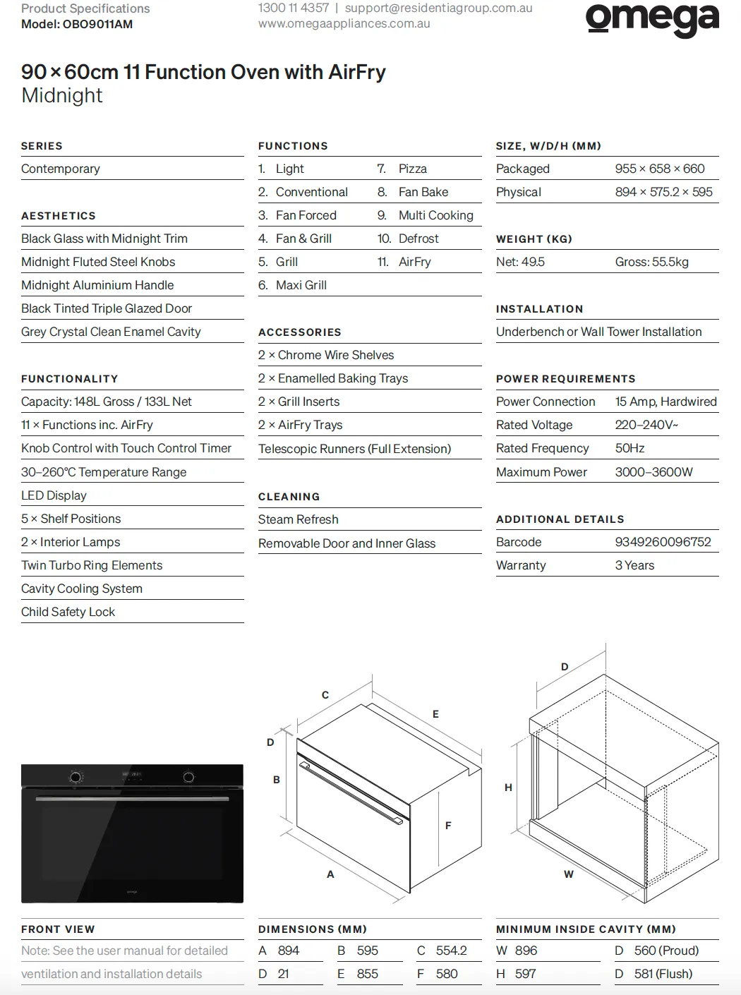 Omega OG903 90cm Kitchen Appliance Package, Hybrid Induction   Gas Cooktop, Black