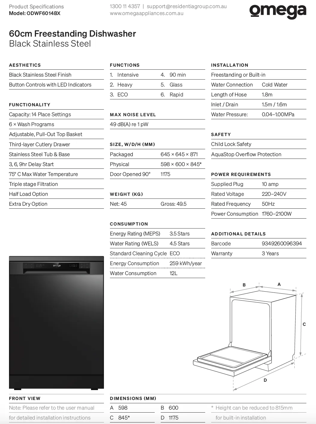 Omega OG903 90cm Kitchen Appliance Package, Hybrid Induction   Gas Cooktop, Black