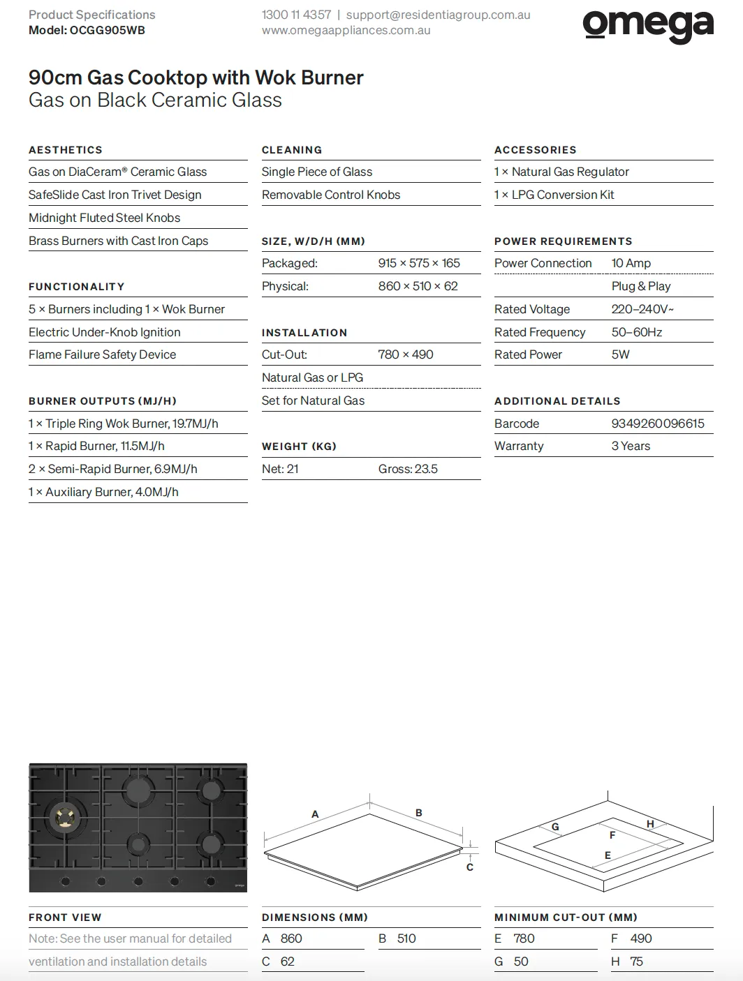 Omega OG903 90cm Kitchen Appliance Package, Hybrid Induction   Gas Cooktop, Black